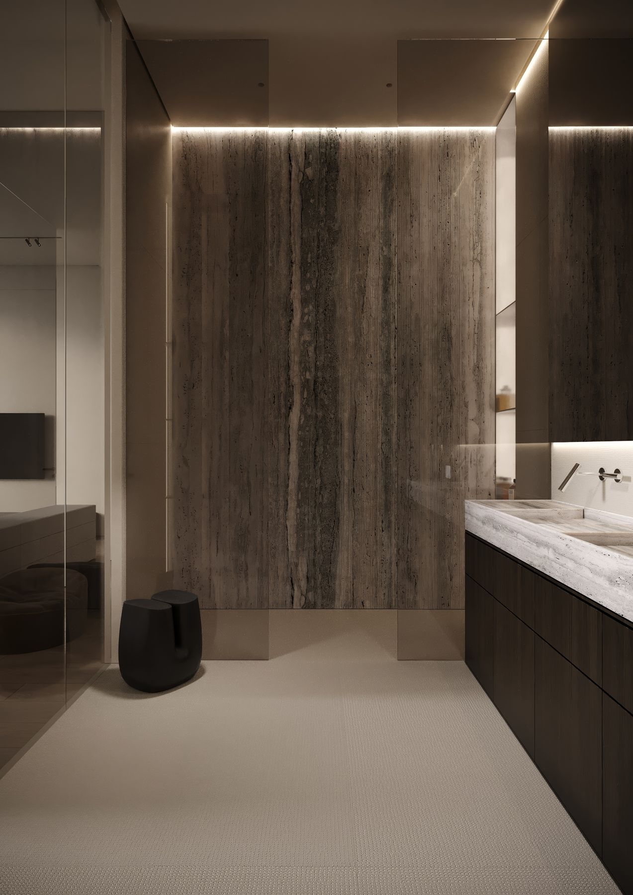 Travertine and dark wood in the Lugano Apartment