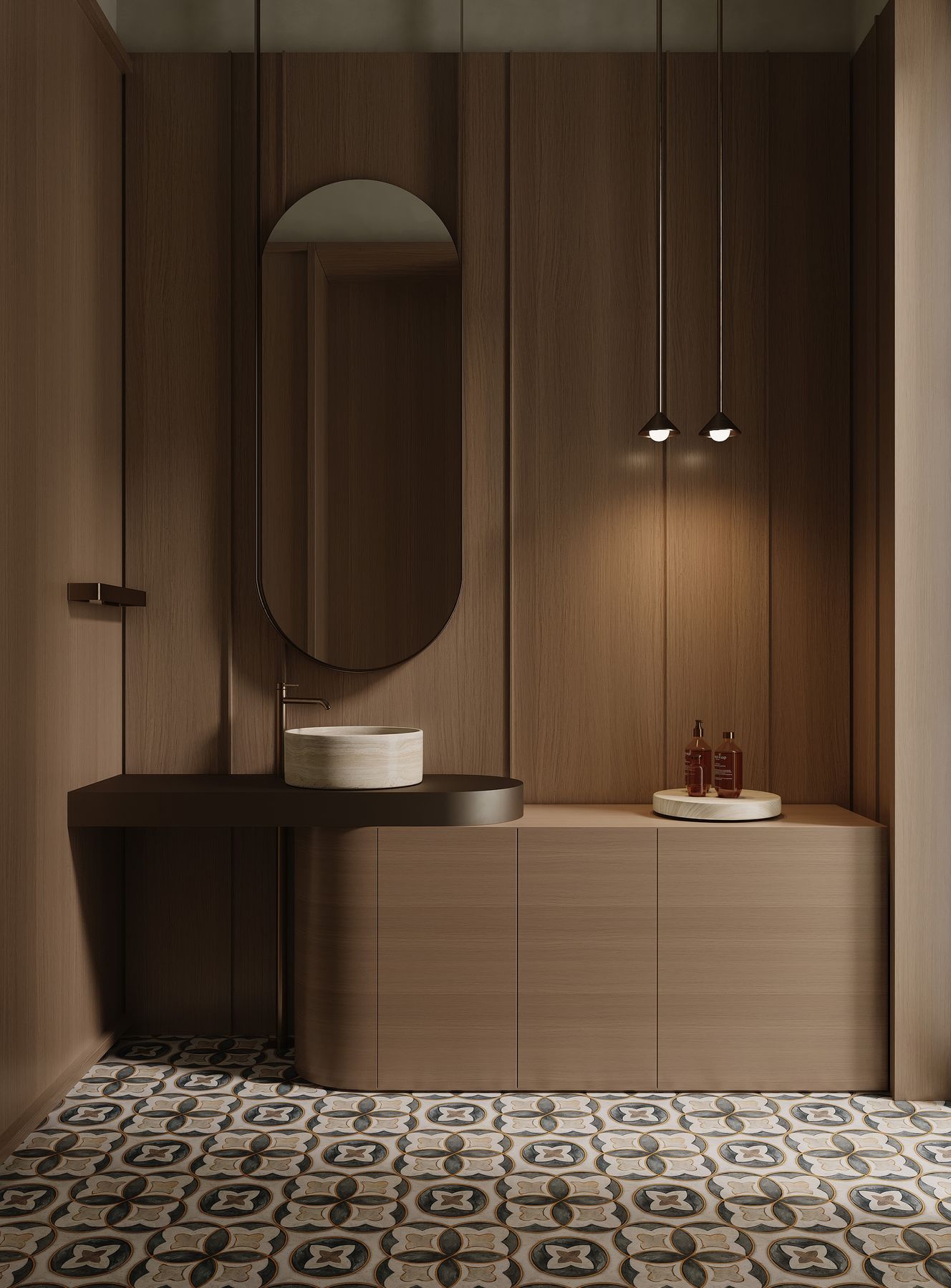 Patterned tiles and oak in the Japanese-Inspired Apartment